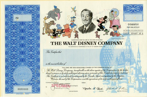 Walt Disney Company Specimen Stock Certificate - Mike Eisner as Chairman