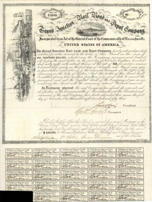 Grand Junction Rail Road and Depot Co. - $1,000 1853 dated Bond (Uncanceled) Grand Junction Rail Road and Depot Co. - $1,000 1853 dated Bond (Uncanceled)