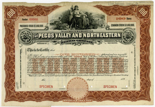 New Mexico Territory. Pecos Valley and Northeastern Railway Co. 189x, (ca.1890s) Specimen Stock