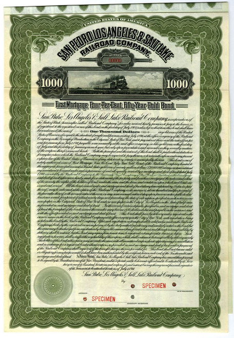 San Pedro, Los Angeles & Salt Lake Railroad Co., 1911, Specimen Bond.