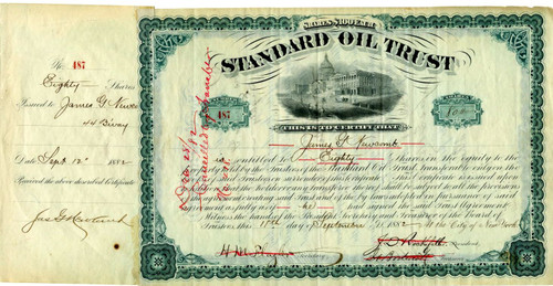 Standard Oil Trust - Signatures of John. D. Rockefeller, Henry M. Flagler and Jabez Abel Bostwick and James Newcomb. 1882