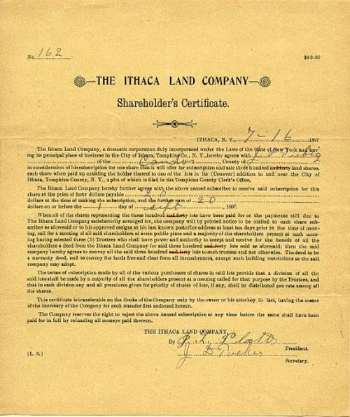 Ithaca Land Company Shareholder's Certificate (Cayuga Lake and Cornell University)  - New York 1897