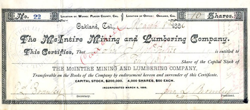 McIntire Mining and Lumbering Company - Placer County, California 1886