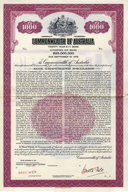 Commonwealth of Australia $1000 Specimen Bond - 1959