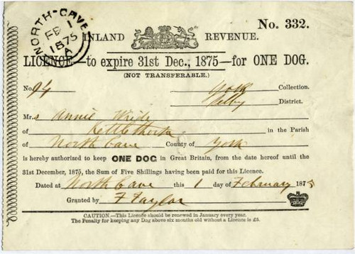 Dog License - Inland Revenue License for One Dog - Great Britain 1875