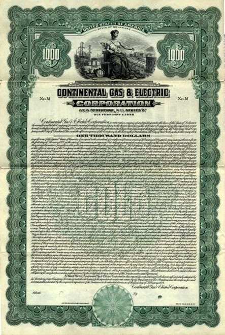 Continental Gas & Electric Corporation Gold Bond - Delaware 1928