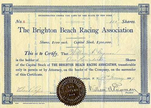 Brighton Beach Racing Association signed by William Engeman, Brighton Beach Founder - New York 1897
