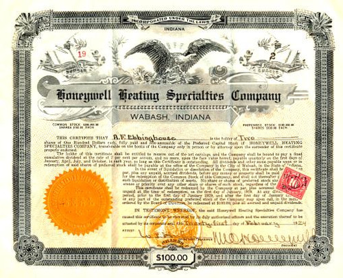 Honeywell Heating Specialties Company  ( Honeywell, Inc - Dow Average Component ) signed by Founder, Mark C. Honeywell - Wabash, Indiana 1924