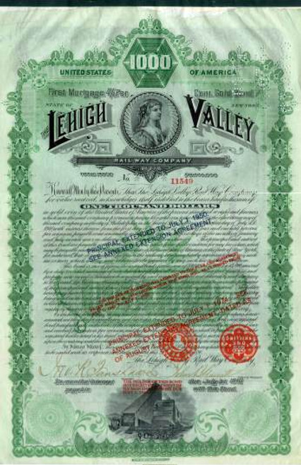 Lehigh Valley Railway Company 1890 - $1,000 Gold Bond