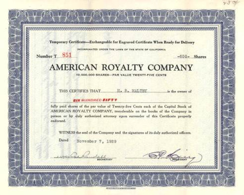 American Royalty Company 1929 - California