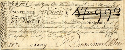 Lottery Ticket from England issued in 1795