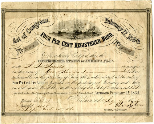 CSA Four Percent Registered Bond -- Naval Battle CSS Virginia Sinking USS Cumberland issued on July 4, 1864 - Ball #286 CSA Four Percent Registered Bond -- Naval Battle CSS Virginia Sinking USS Cumberland issued on July 4, 1864 - Ball #286