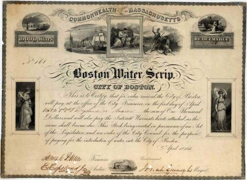 Boston Water Scrip 1847 signed by Josiah Quincy Jr. as Mayor