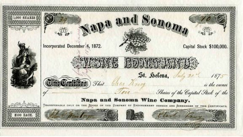 Napa and Sonoma Wine Company signed by Charles Krug and John C. Weinberger - Napa, California 1875