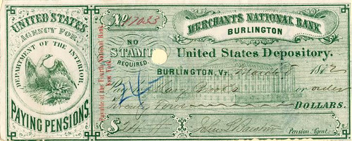Merchant's National Bank ( Civil War Widow Pension Payments) Burlington - Vermont 1872