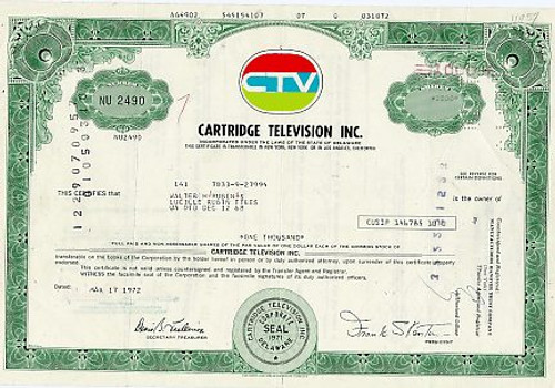 Early Cartridge Television Company Stock Certificate