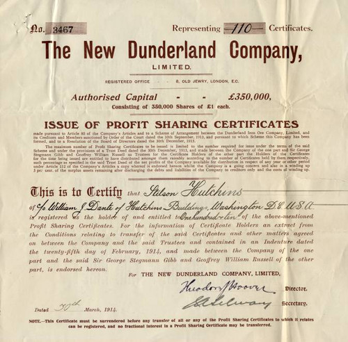 New Dunderland Company issued to Stilson Hutchins, founder of the Washington Post.- London 1914