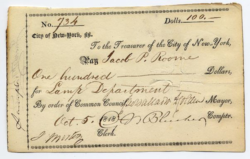 City of New York check to Jacob P. Roome signed by Mayor, Cadwallader D. Colden - New York 1818 City of New York check to Jacob P. Roome signed by Mayor, Cadwallader D. Colden - New York 1818