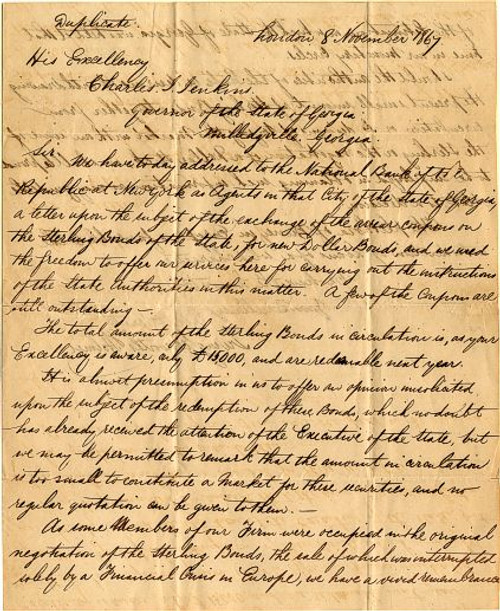 Letter from the London Banker offering to help Governor Charles Jenkins of Georgia on Bond Offering- 1867