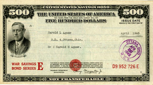 $500 United States War Savings Bond - WWll 1945