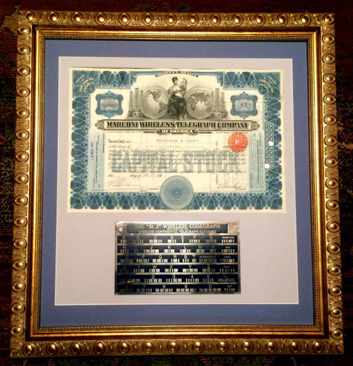 Marconi Wireless Telegraph Company plus wireless codegraph brass plate dated August 13, 1912 Framed - 1914