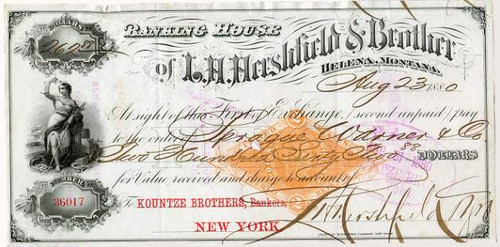 L. H. Hershfield and Brother Banking House Check 1880 - Imprinted revenue stamp - Helena, Montana Territory