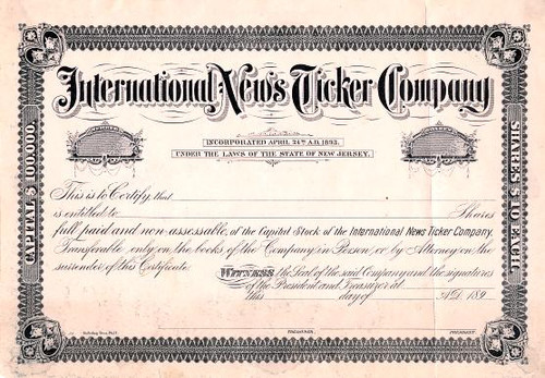 International News Ticker Company - New Jersey 1893