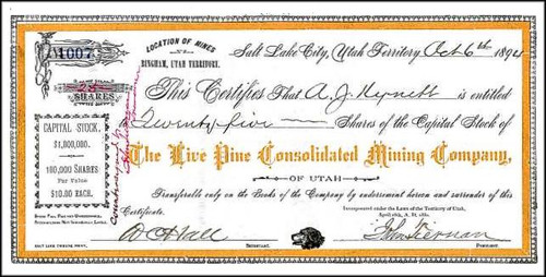 Live Pine Consolidated Mining Company 1894 - Utah Territory