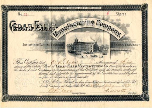 Cedar Falls Manufacturing Company 1896 - North Carolina - signed by John Milton Worth