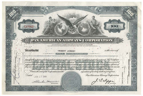 Pan American Airways issued to and signed by Robert Lehman  (Head of Lehman Brothers for decades ) - 1944