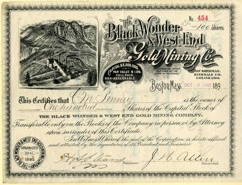 Black Wonder & West End Gold Mining Co. (mining map vignette) - Sherman, Hinsdale County, Colorado 1895 Sold Out