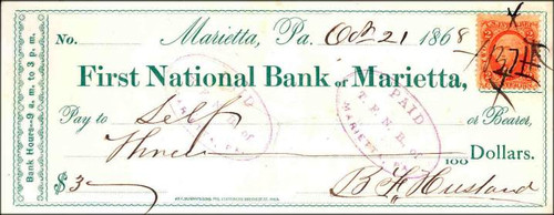 First National Bank of Marietta Check 1868 - Pennsylvania