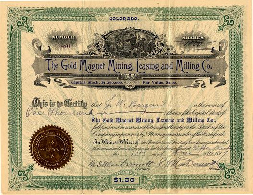 Gold Magnet Mining, Leasing and Milling Company - Teller. Cripple Creek. Colorado 1897