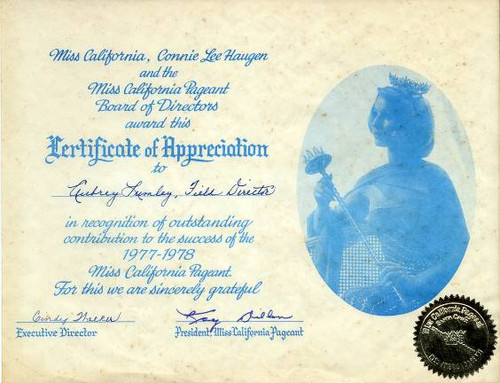 Miss California Pageant Certificate of Appreciation - California 1978