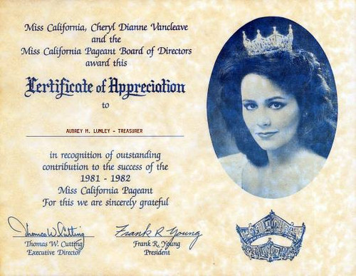 Miss California Pageant Certificate of Appreciation - California 1981