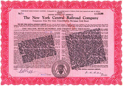 New York Central Railroad Company $1,725,000 Gold Bond (Gold bond disclaimer legend stamp)- High Denomination 1938