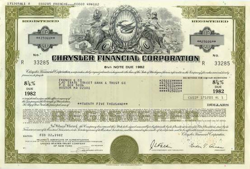 Chrysler Financial Corporation Bond Certificate - 1982