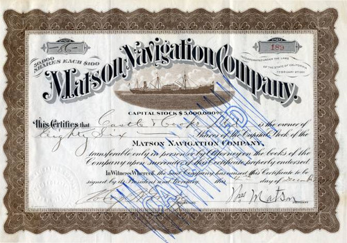 Matson Navigation Company signed by Founder, William Matson and Castle and Cooke's President, Edward Davies Tenney  - 1916