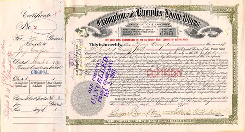 Crompton and Knowles Loom Works signed by Co Founder, George Crompton - Massachusetts 1897