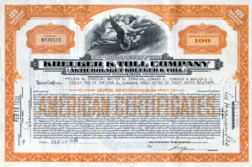 Kreuger & Toll Company - Stockholm, Sweden 1930 - Famous Fraud Issued to Duluth Congdon Family and Trust