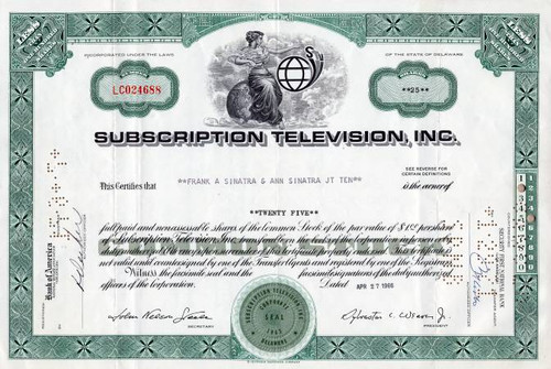 Subscription Television, Inc. issued to Frank A. Sinatra - 1969