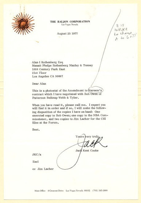 Raljon Corporation (controlled the Los Angeles Lakers and Kings ) letter signed by Jack Kent Cooke - 1977