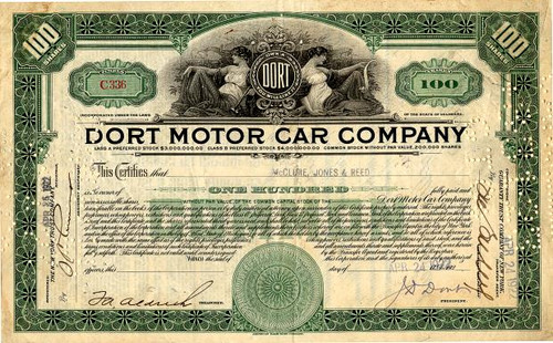 Dort Motor Car Company Stock Certificate