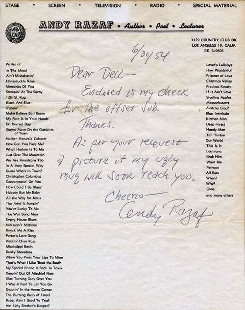 Andy Razaf autographed letter dated 1954