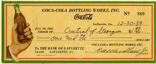 Coca Cola Bottling Company Check 1940's - Winston Salem, North Carolina, Reidsville, North Carolina orJackson, Tennessee - Nice Coke Bottle Vignette