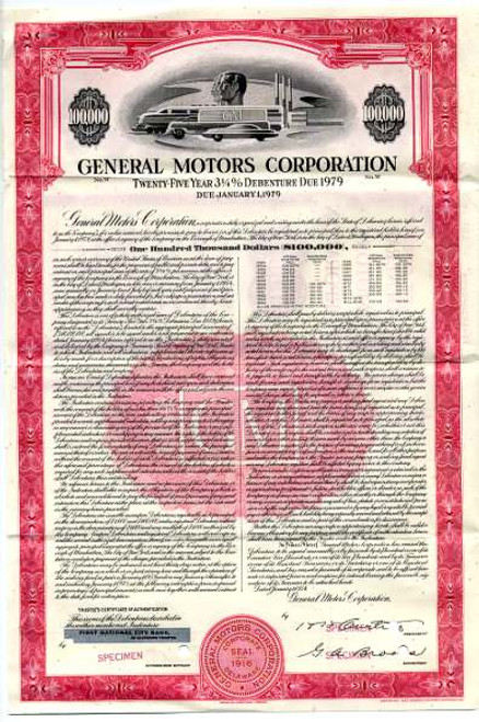 General Motors Corporation $100,000 Bond (Pre Bankruptcy)  - 1954