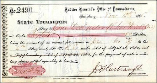 Civil War related Check signed by John Hartranft 1865 - Civil War Medal of Honor Winner