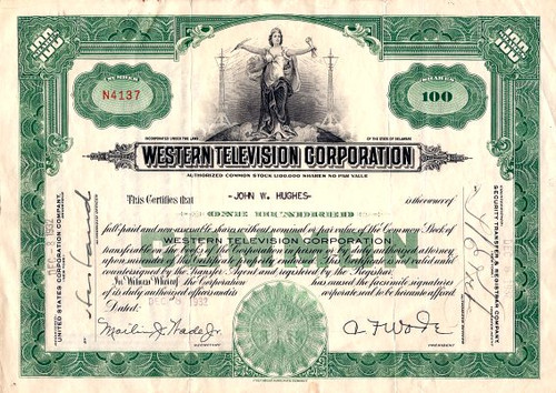 Western Television Corporation (Early TV Stock Certificate)  - Delaware 1932