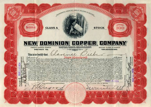 New Dominion Copper Company - Arizona 1924