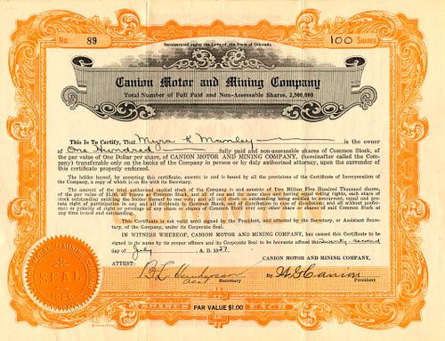 Canion Motor and Mining Company - Colorado 1927